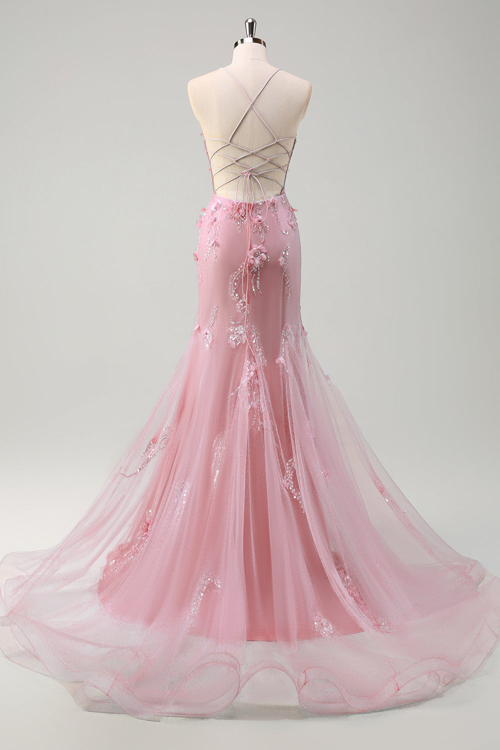 Blå Havfrue Spaghetti Stropper Tyll Lang Korsett Ballkjole Med 3D Blomster