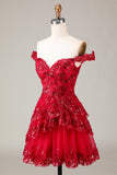 Sparkly Black En linje av skulderen Korsett Tiered Lace Short Homecoming Dress
