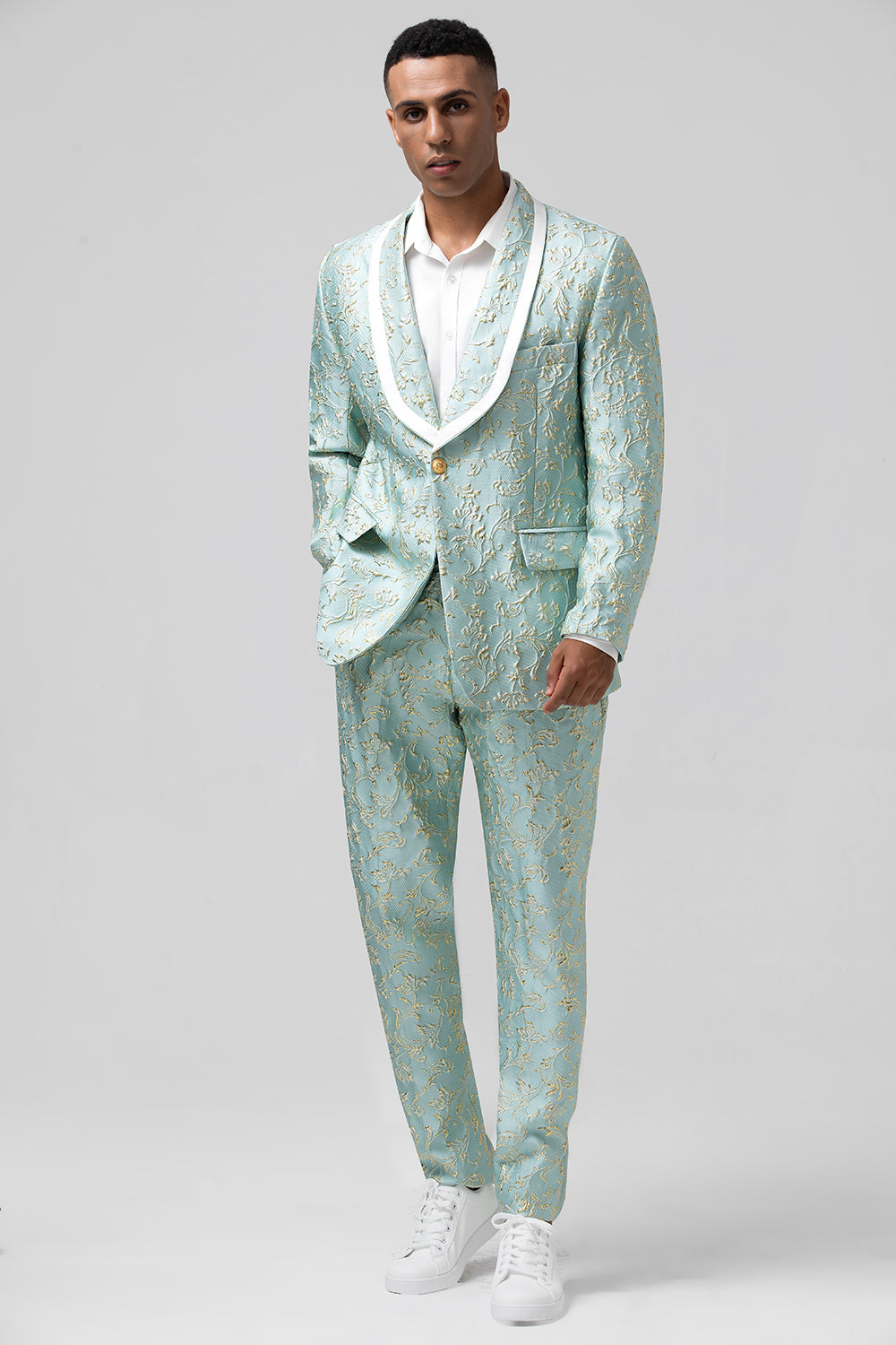 Mint Jacquard Sjal Jakkeslag 2 Piece One Button Menns Dresser