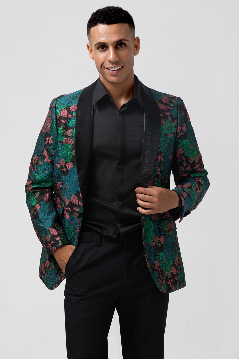 Grønn Jacquard Sjal Jakkeslag One Button Herre Prom Blazer