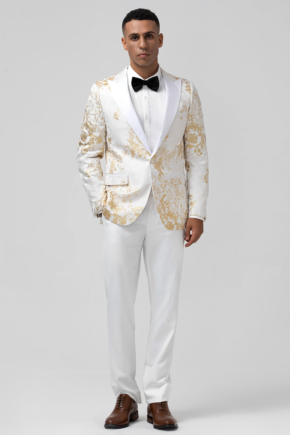 Champagne 2 Piece Peak jakkeslag En knapp Jacquard Skoleballdresser for menn