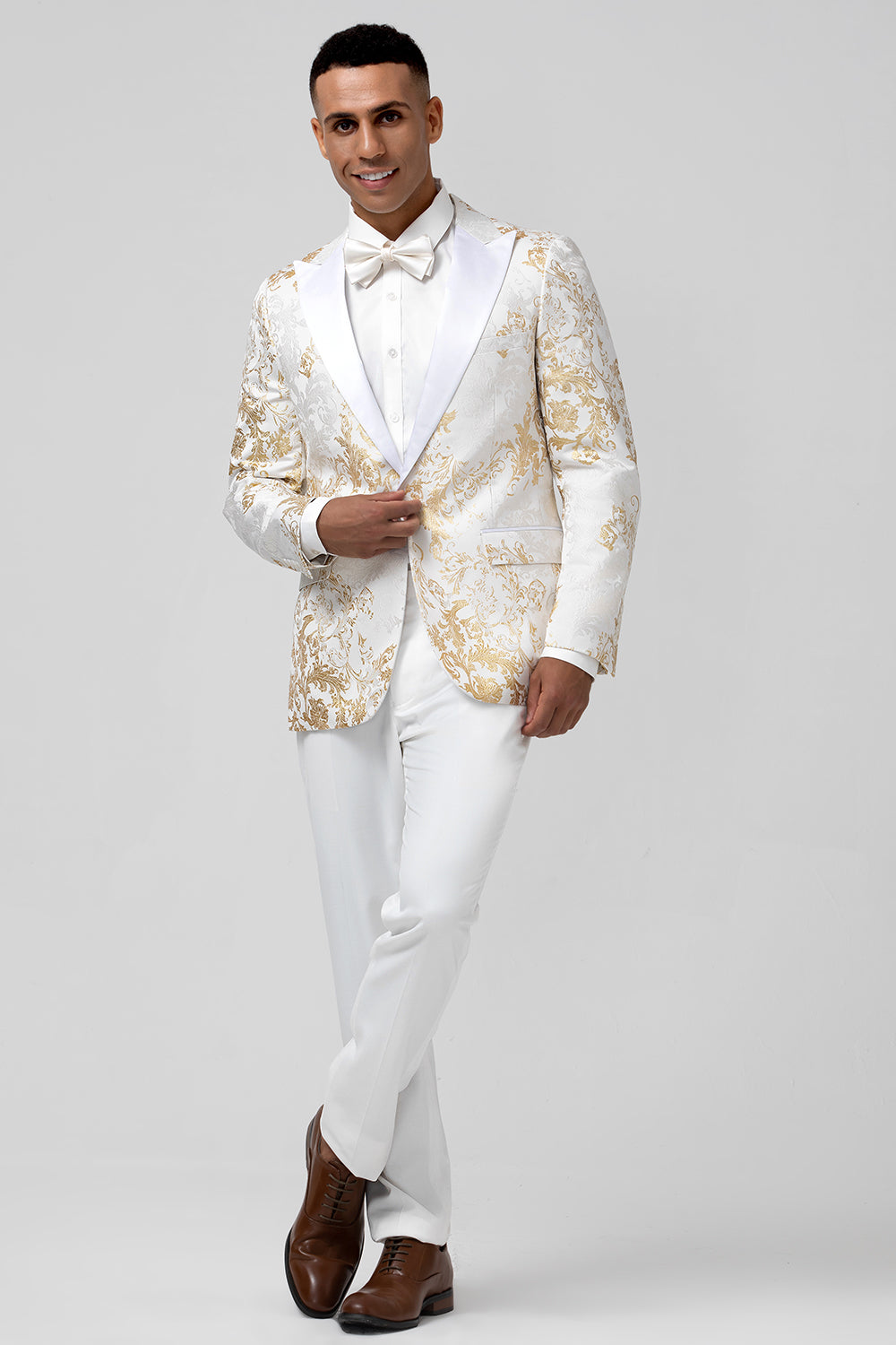 Champagne 2 Piece Peak jakkeslag En knapp Jacquard Skoleballdresser for menn