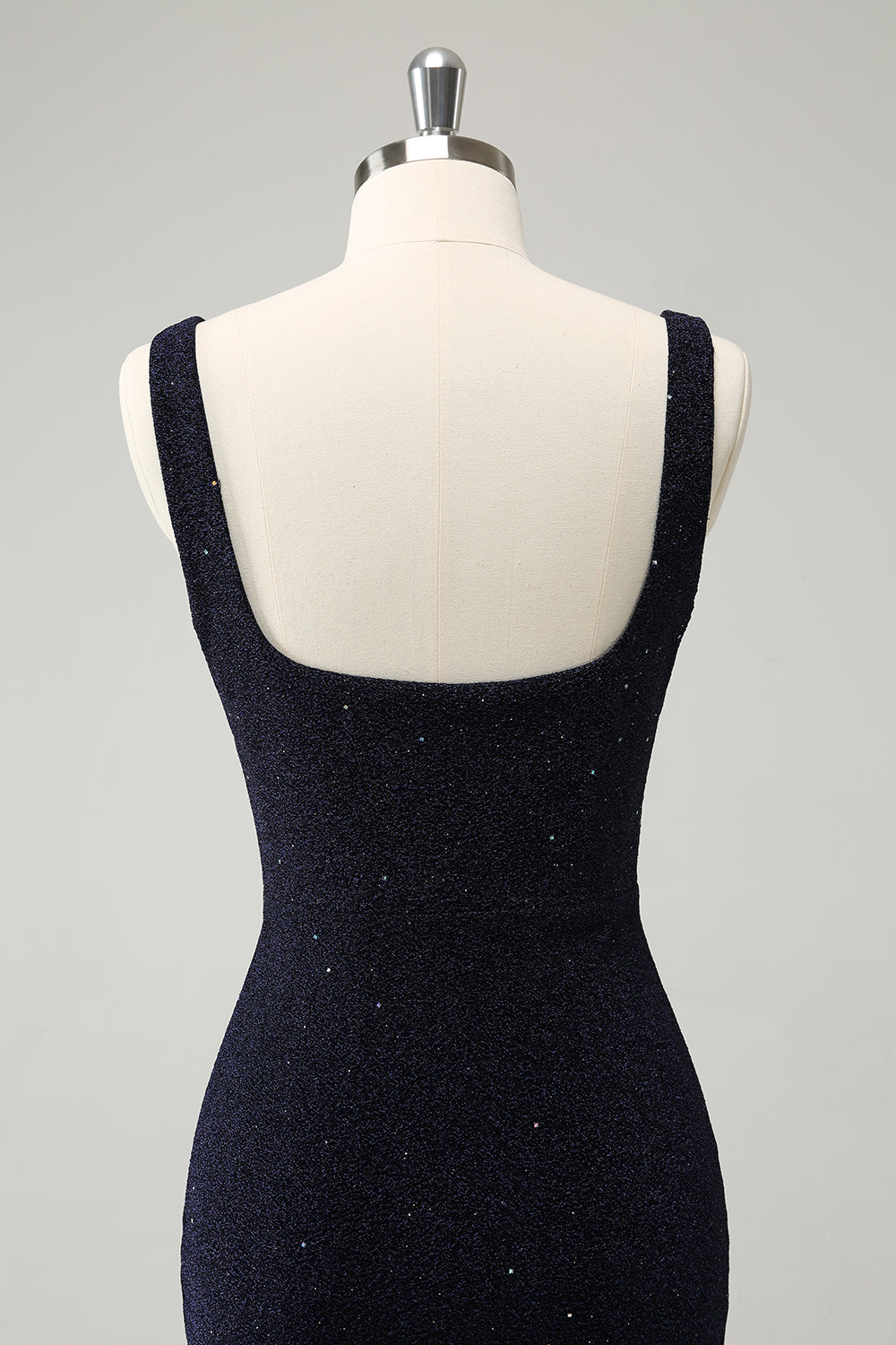 Glitrende mørk blå firkantet hals bodycon mini hjemkomstkjole med spalt