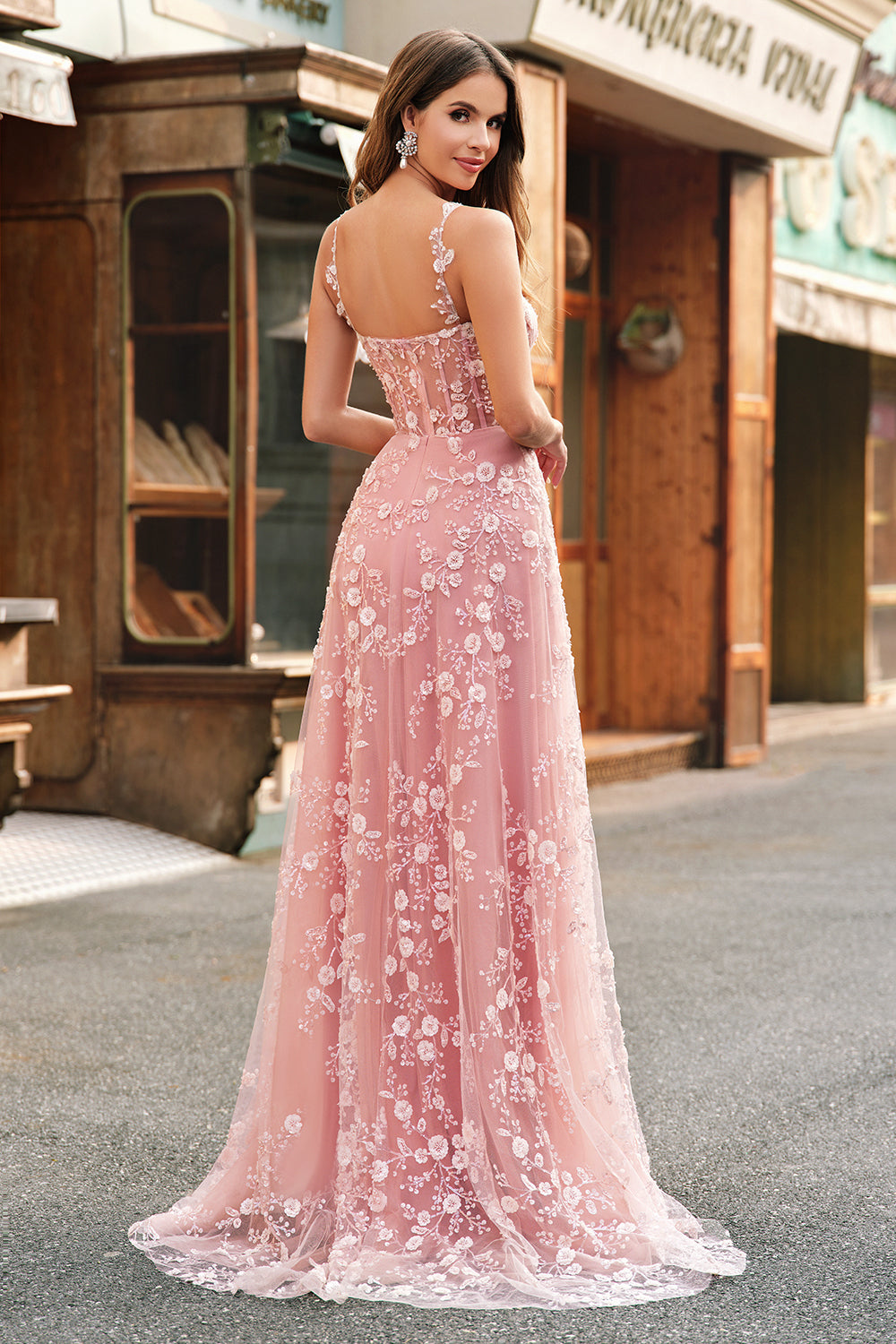 Sparkly Blush A Line Spaghetti stropper paljett korsett Prom kjole med spalt