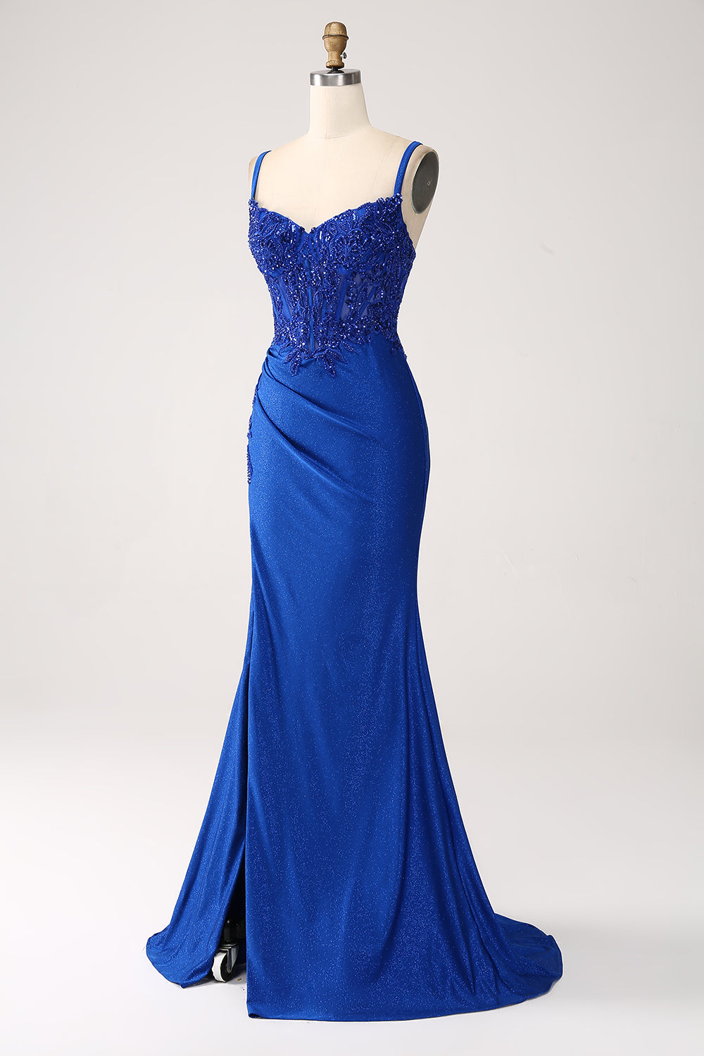 Glitter Royal Blue Mermaid Spaghetti stropper Long Prom Kjole med Appliques