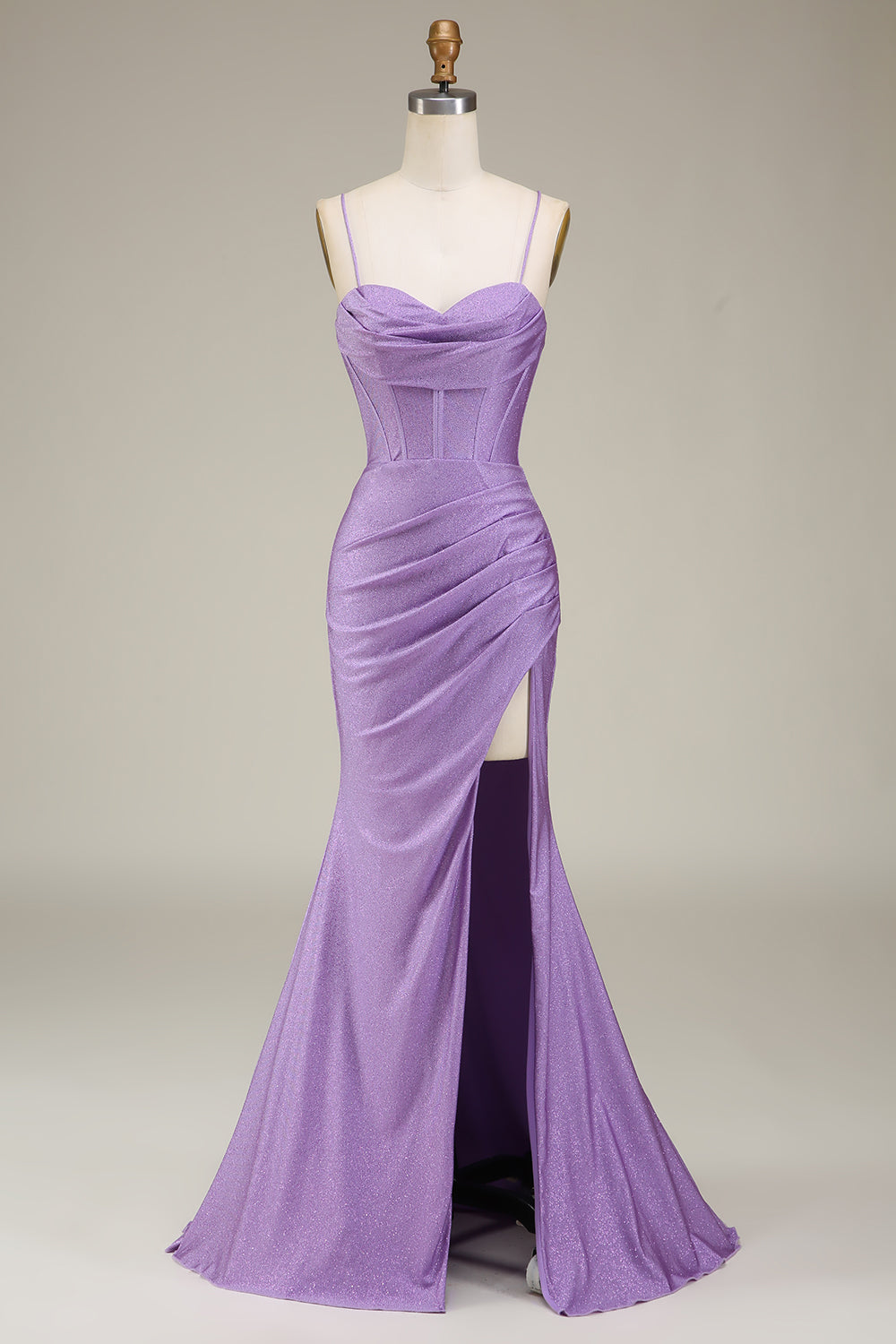Satin Spaghetti stropper Lilac Prom kjole med korsett
