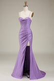 Satin Spaghetti stropper Lilac Prom kjole med korsett