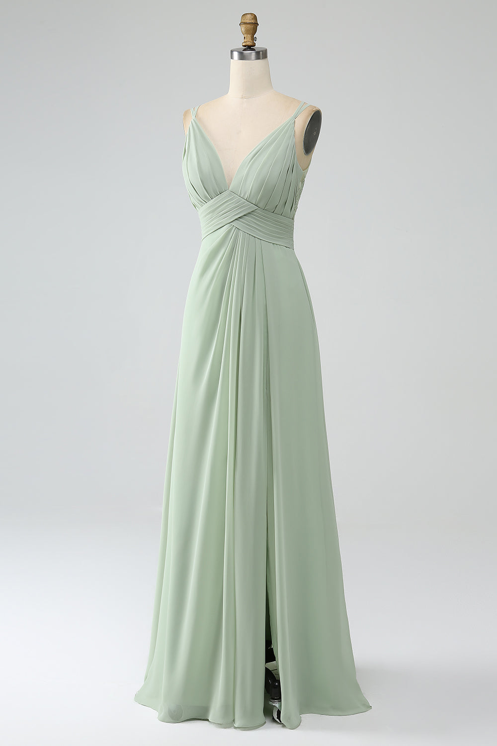 Dusty Sage A-Line Spaghetti stropper plissert Chiffon Long brudepike kjole