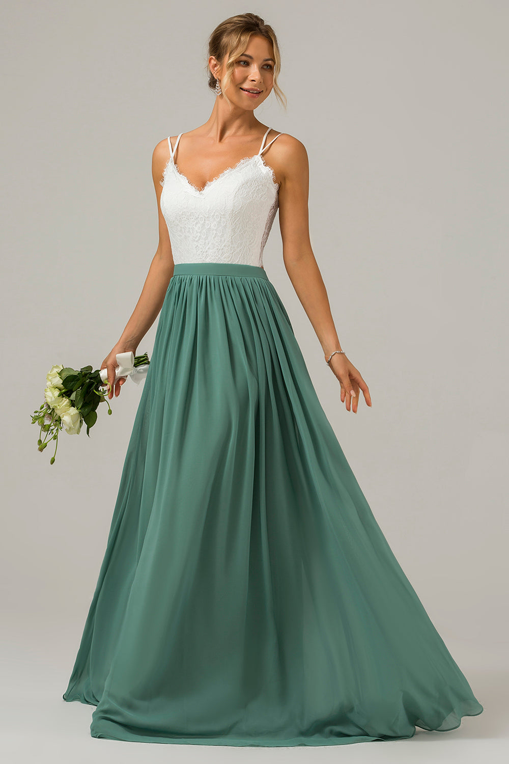 Eukalyptus Åpne tilbake Boho Chiffon Long brudepike kjole med blonder