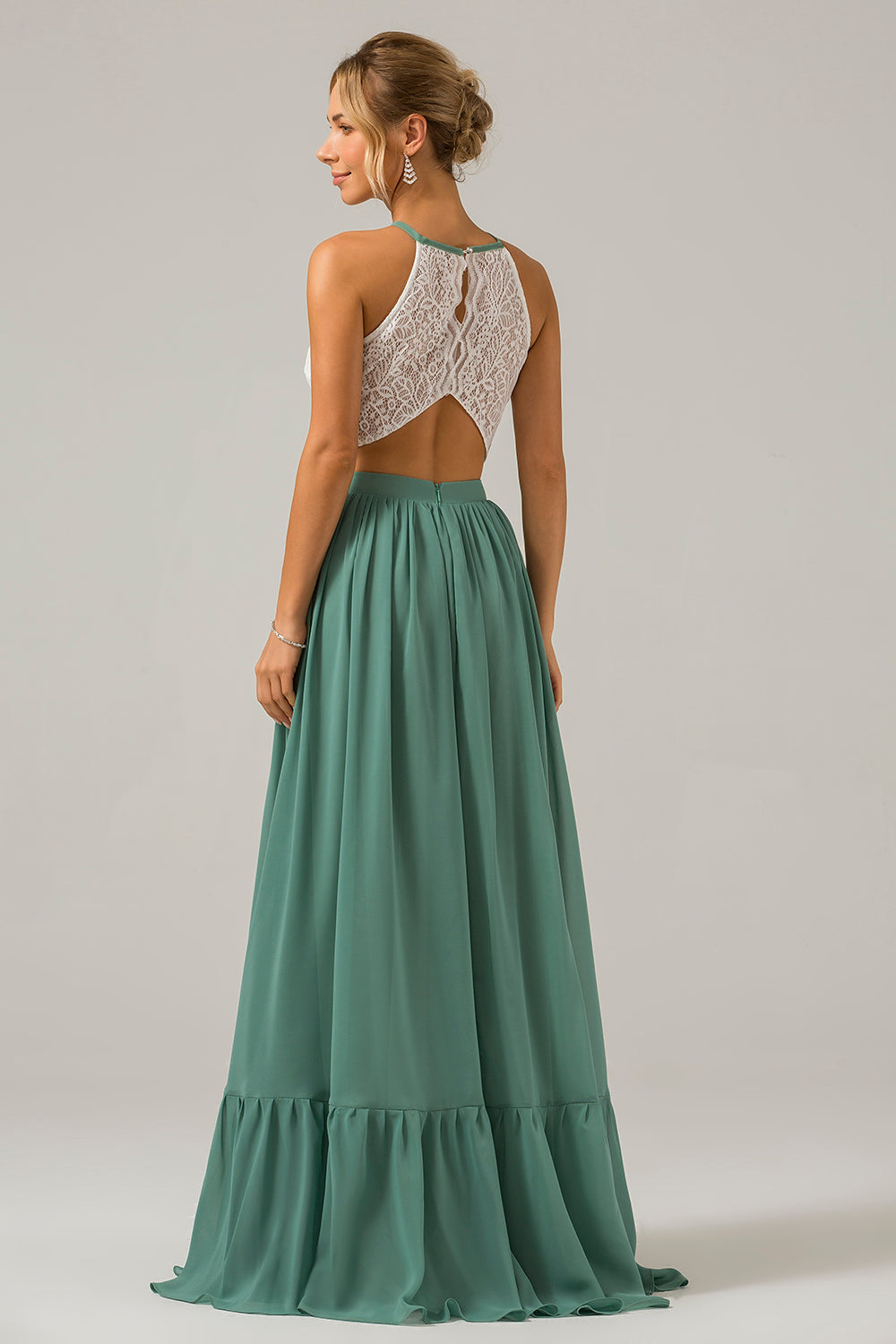 Eukalyptus nøkkelhull Boho Chiffon Long brudepike kjole med blonder