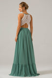 Eukalyptus nøkkelhull Boho Chiffon Long brudepike kjole med blonder