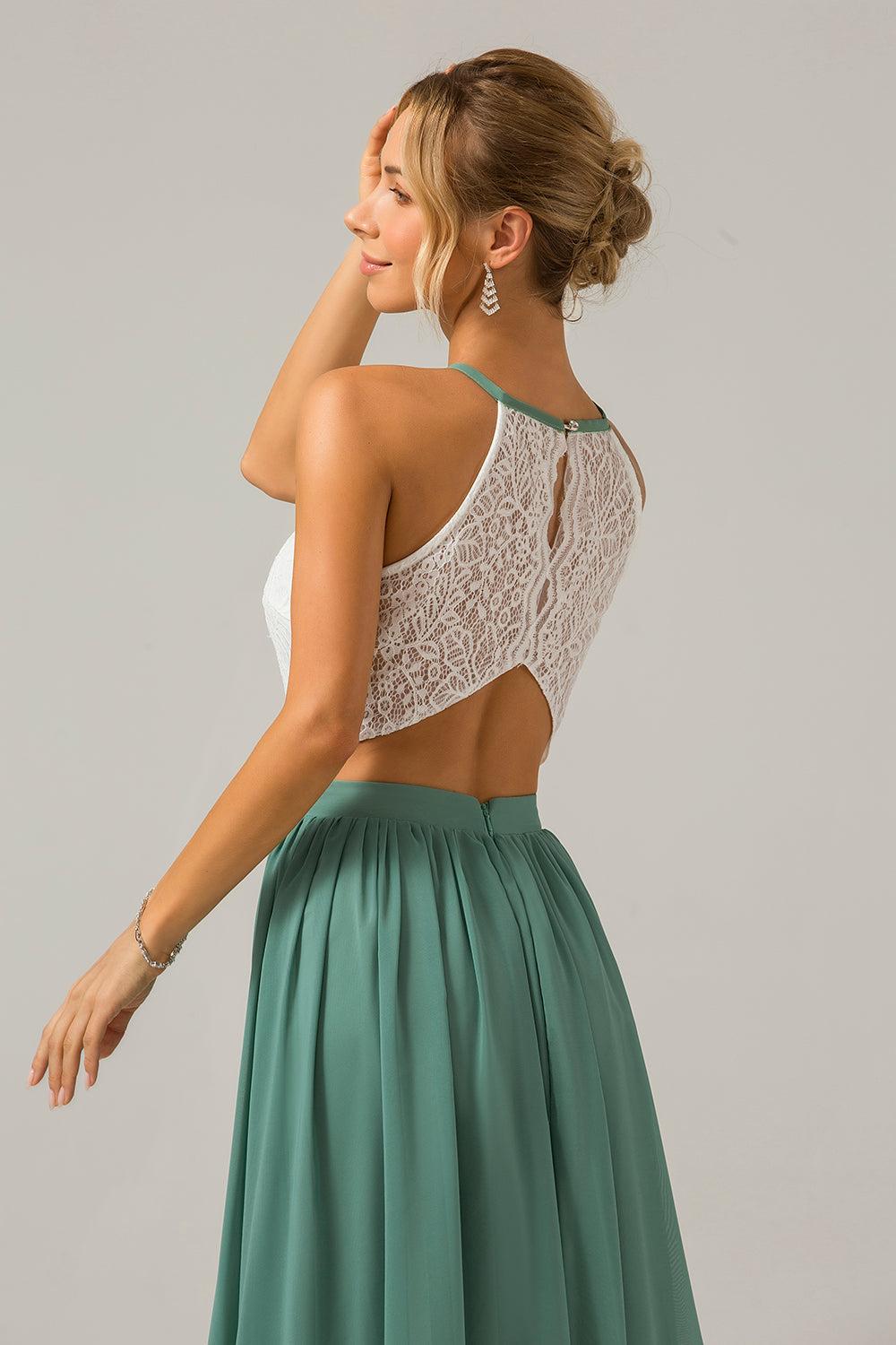 Eukalyptus nøkkelhull Boho Chiffon Long brudepike kjole med blonder
