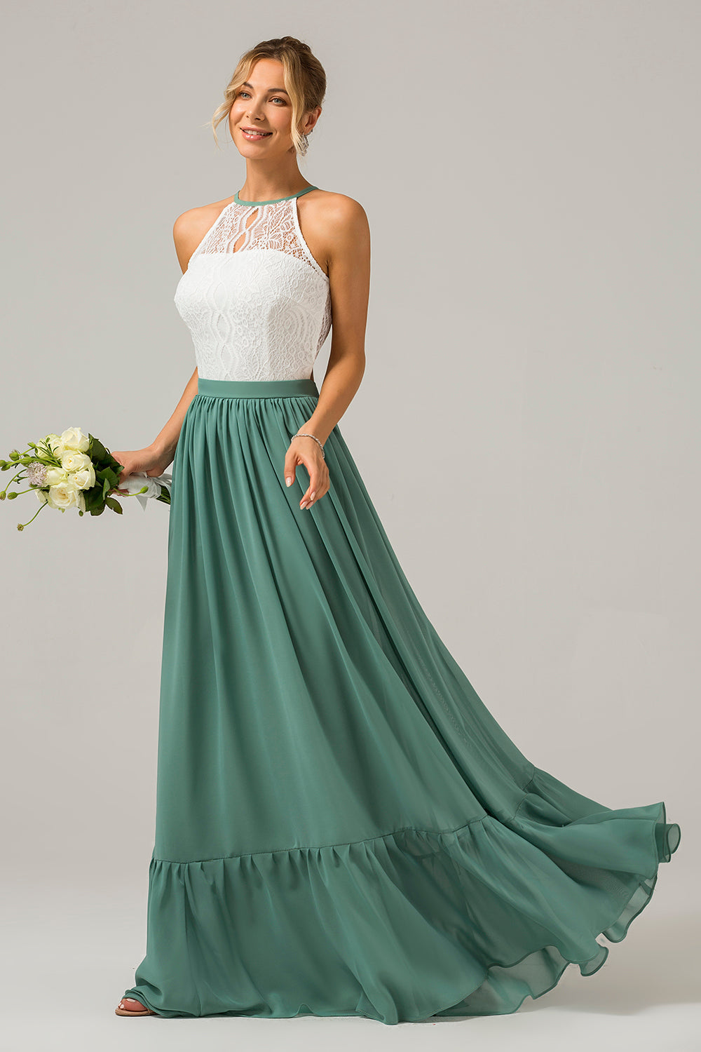 Eukalyptus nøkkelhull Boho Chiffon Long brudepike kjole med blonder