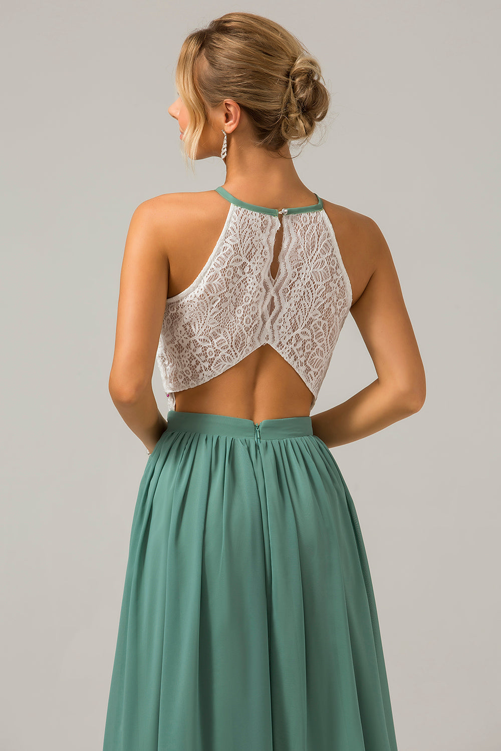 Eukalyptus nøkkelhull Boho Chiffon Long brudepike kjole med blonder