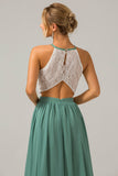 Eukalyptus nøkkelhull Boho Chiffon Long brudepike kjole med blonder