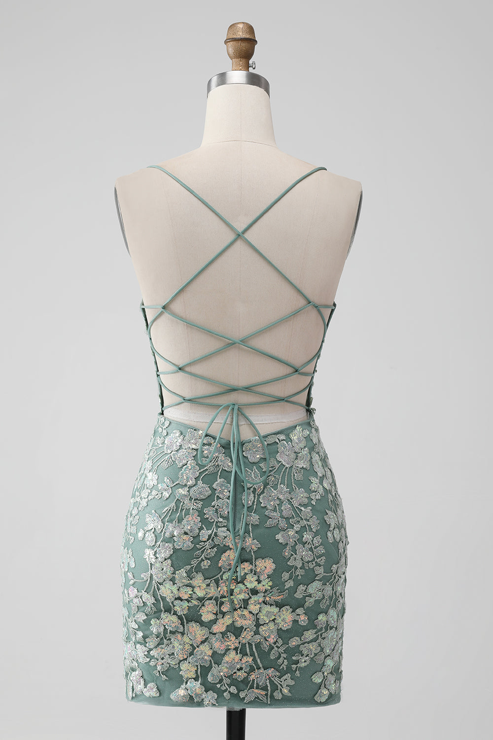 Grå Grønn Bodycon Lace-up Back Kort Ballkjole med paljett påført