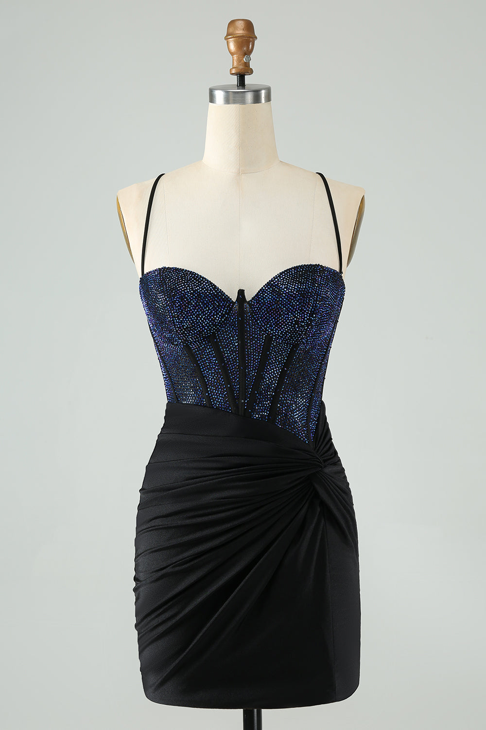 Glitter Svart Bodycon Spaghetti Stropper Korsett Homecoming Kjole med Perle