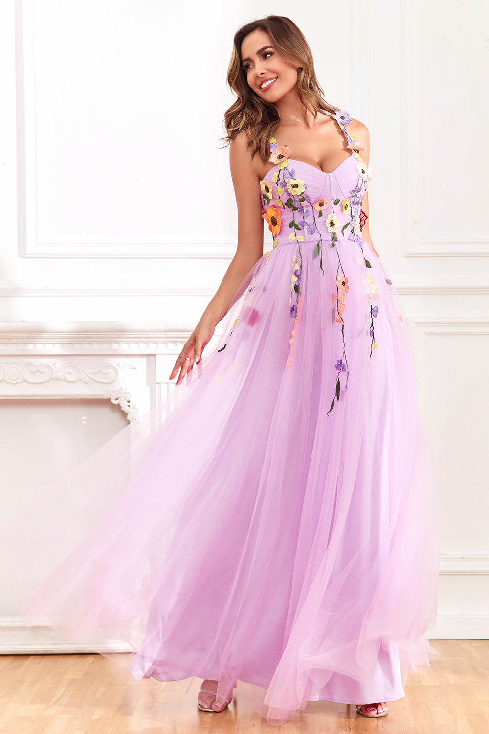 Champagne Spaghetti stropper Prom kjole med 3D blomster