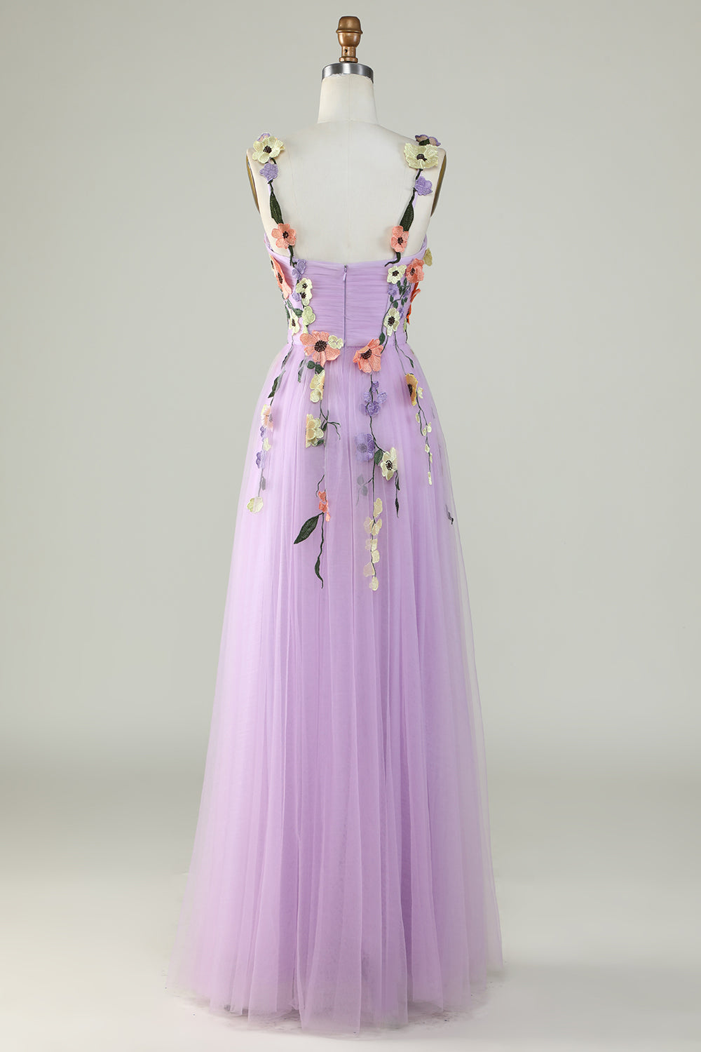 En linje lilla spaghetti stropper prom kjole med 3D-blomster