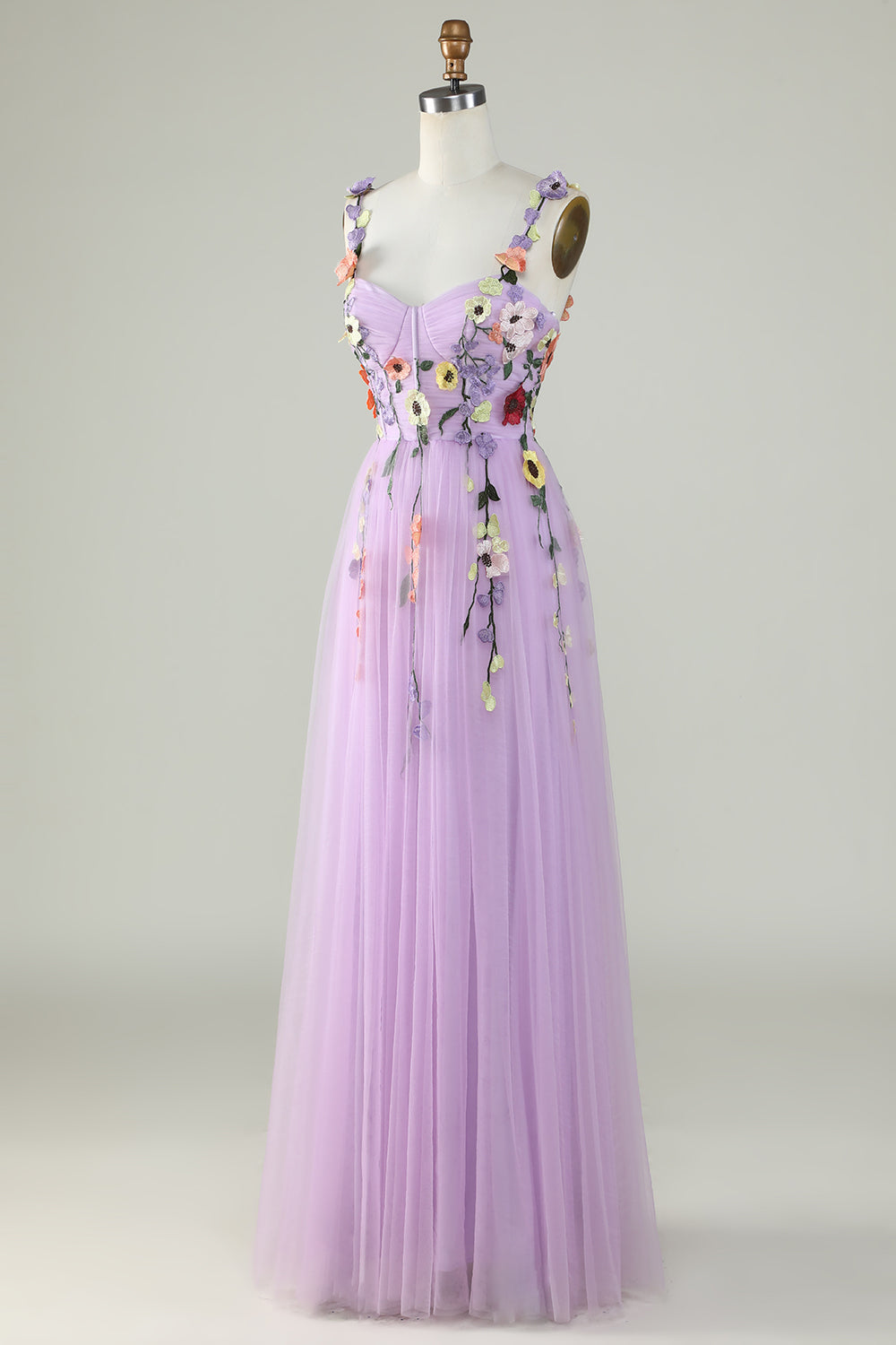 En linje lilla spaghetti stropper prom kjole med 3D-blomster