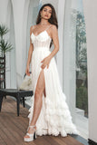 Enkel hvit ruffled Chiffon Corset Engagement Party kjole med spalt