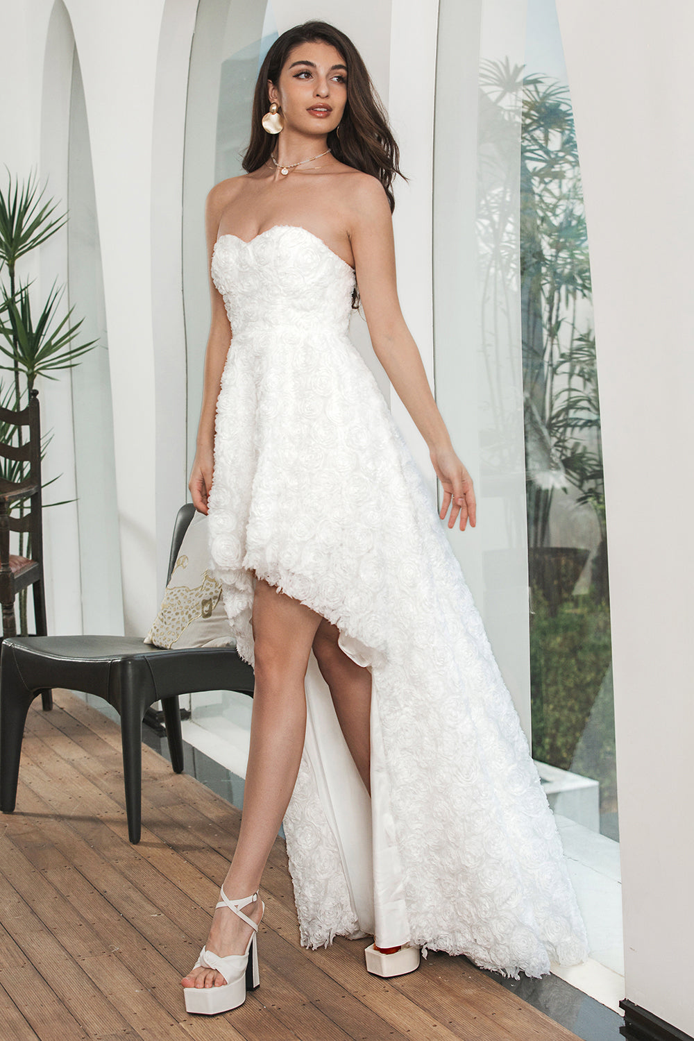Hvit Høy Lav Blomst Sweetheart Graduation Party Dress