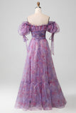Lilla A Line Print Lace-Up Long Prom Dress With Puff Sleeves