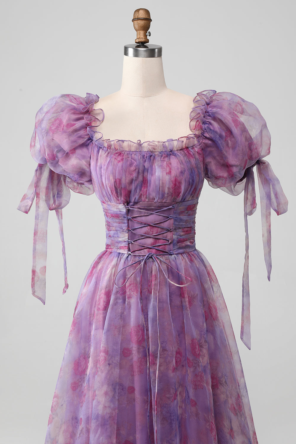 Lilla A Line Print Lace-Up Long Prom Dress With Puff Sleeves
