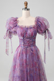 Lilla A Line Print Lace-Up Long Prom Dress With Puff Sleeves