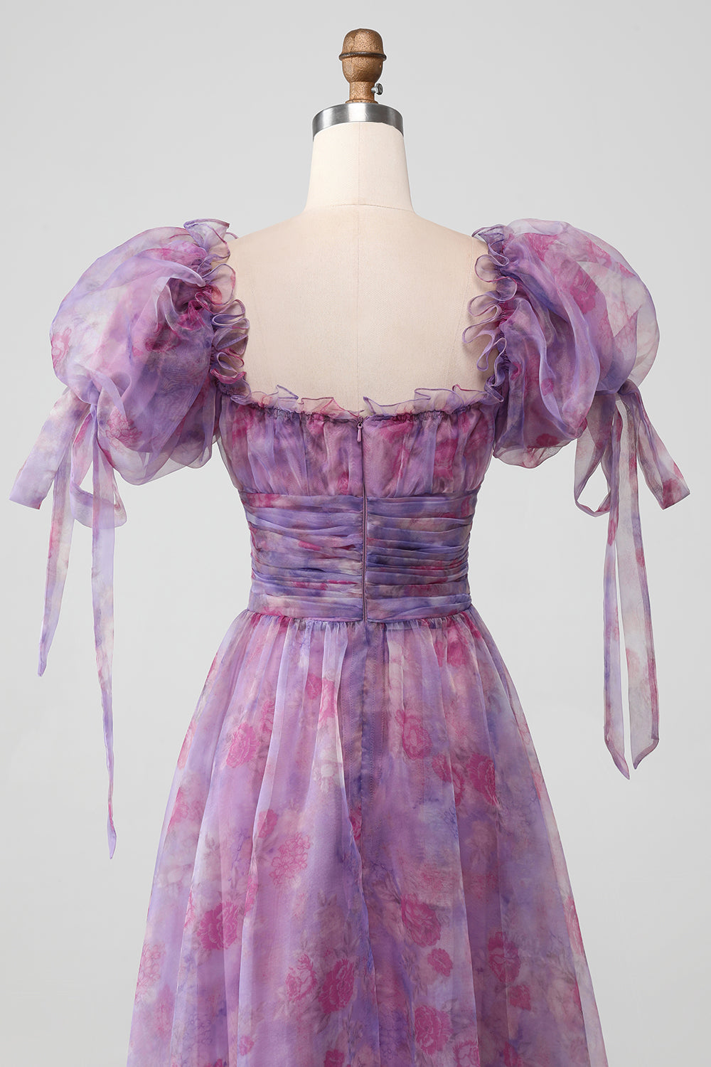 Lilla A Line Print Lace-Up Long Prom Dress With Puff Sleeves