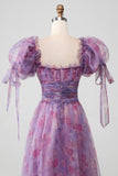 Lilla A Line Print Lace-Up Long Prom Dress With Puff Sleeves