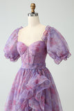 Lilla A Line Square Neck Corset Prom kjole med spalt