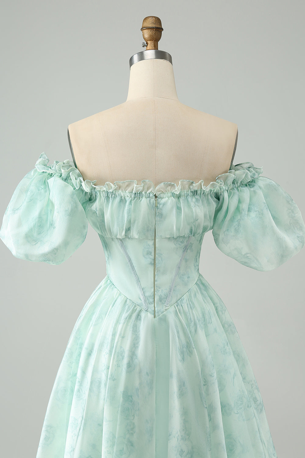 Himmelblå A Line Firkantet Hals Print Floral Ruffle Kort Homecoming Kjole Med Puff Ermer