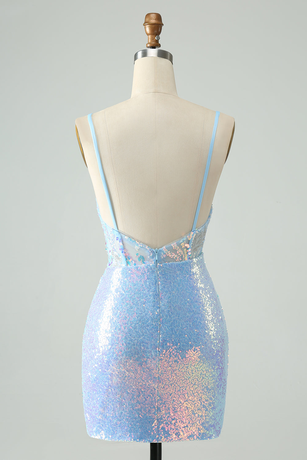 Glitter Lyseblå Stramme spaghettistropper Kort hjemkomstkjole med paljetter