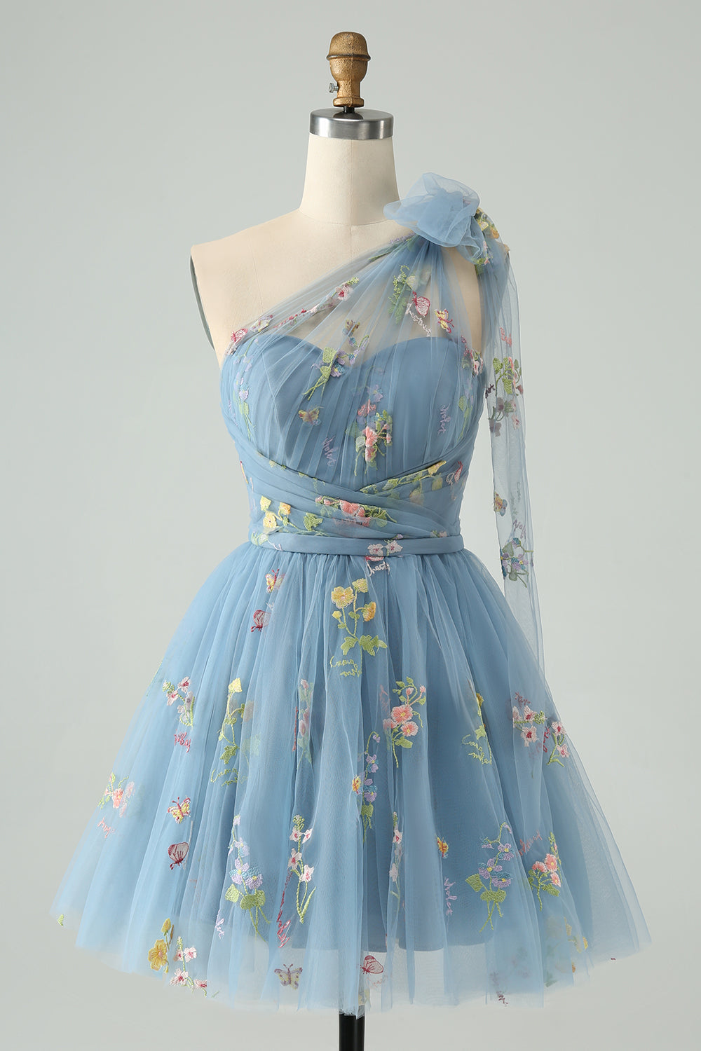 Grå Blå A Line One Shoulder Tylle Kort Homecoming kjole med blomsterbroderi