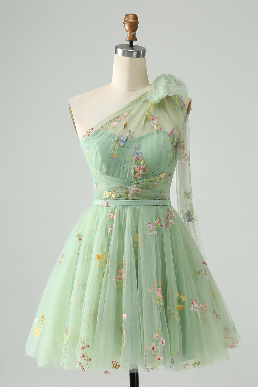 Grå Blå A Line One Shoulder Tylle Kort Homecoming kjole med blomsterbroderi