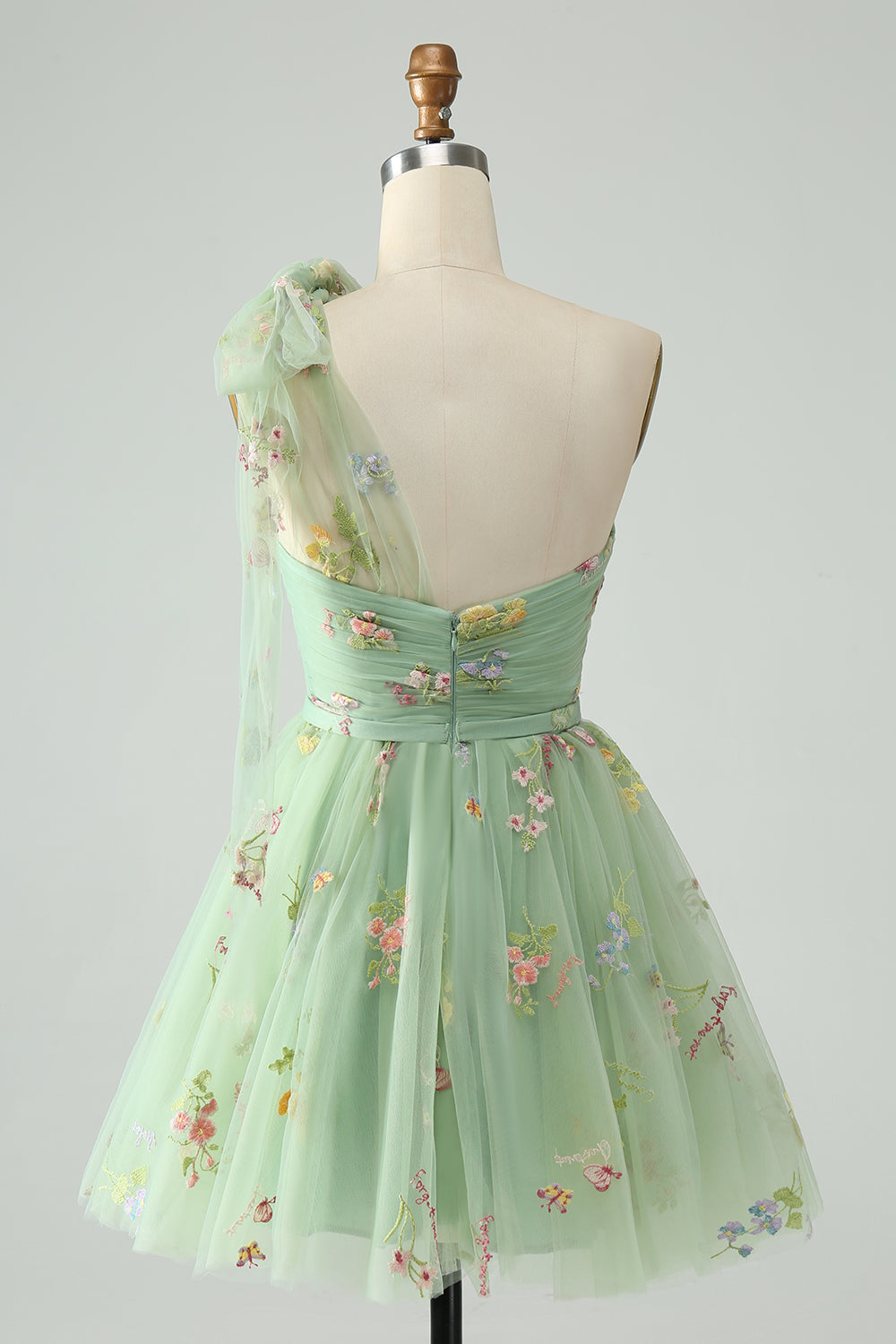 Grå Blå A Line One Shoulder Tylle Kort Homecoming kjole med blomsterbroderi