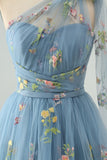 Grå Blå A Line One Shoulder Tylle Kort Homecoming kjole med blomsterbroderi