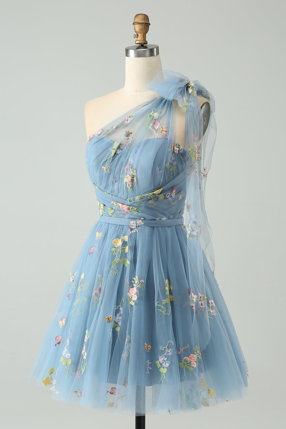 Grå Blå A Line One Shoulder Tylle Kort Homecoming kjole med blomsterbroderi