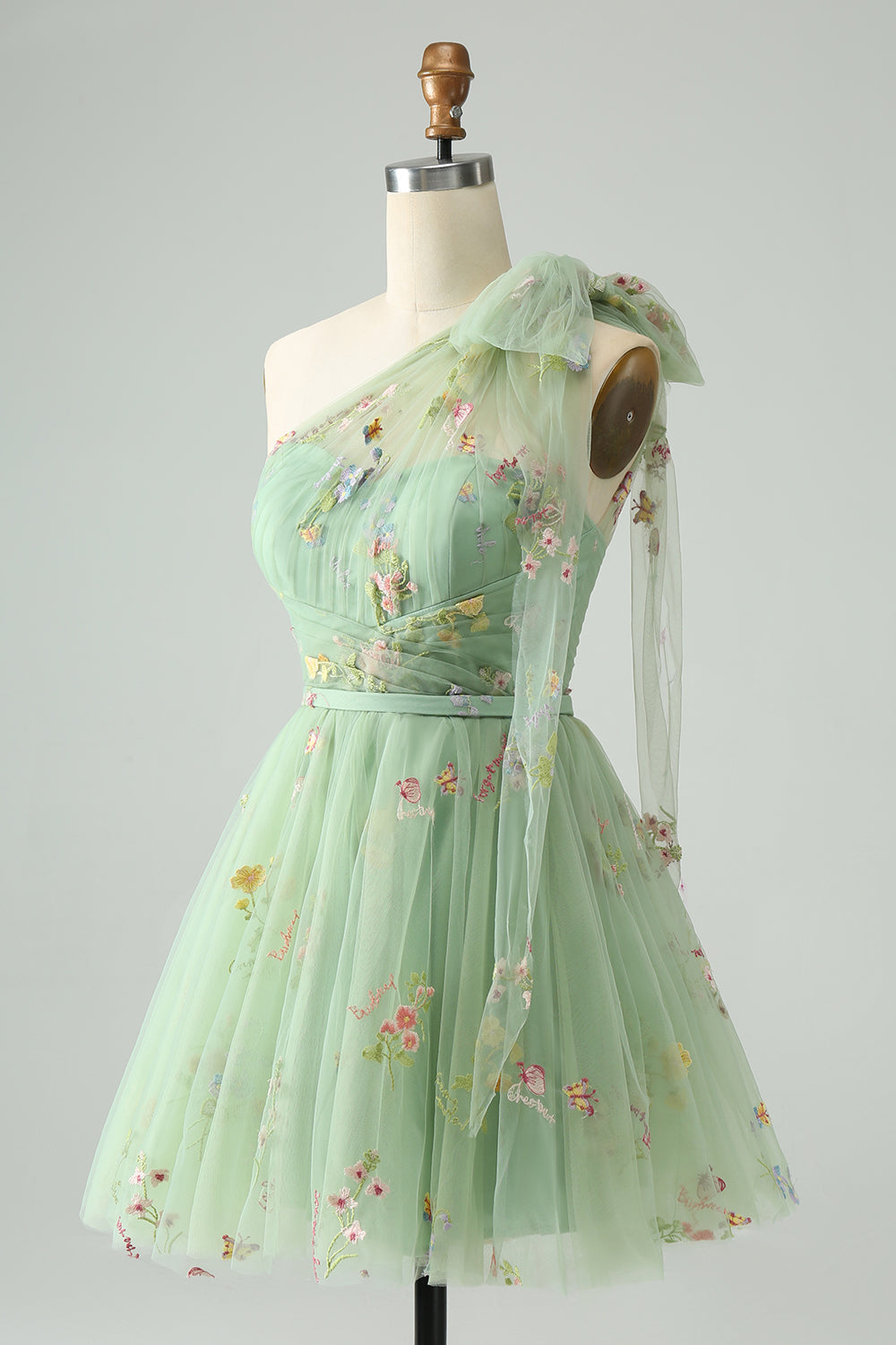 Grå Blå A Line One Shoulder Tylle Kort Homecoming kjole med blomsterbroderi