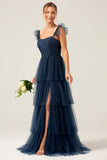 Avtakbare stropper A Line Navy Tiered Long Bridesmaid Dress