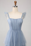 Dusty Blue A Line Tiered Tylle Corset brudepike kjole med Slit