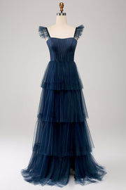 Navy Tulle Navy En linje lagdelt korsett brudepike kjole med Slit