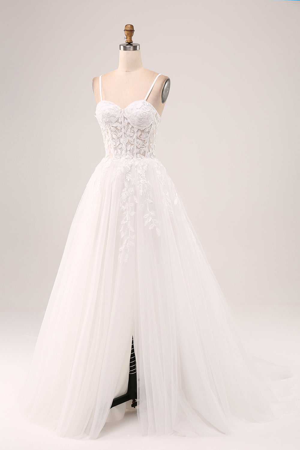 Ivory A-Line Spaghetti stropper Korsett Lace Tylle Long Wedding Dress