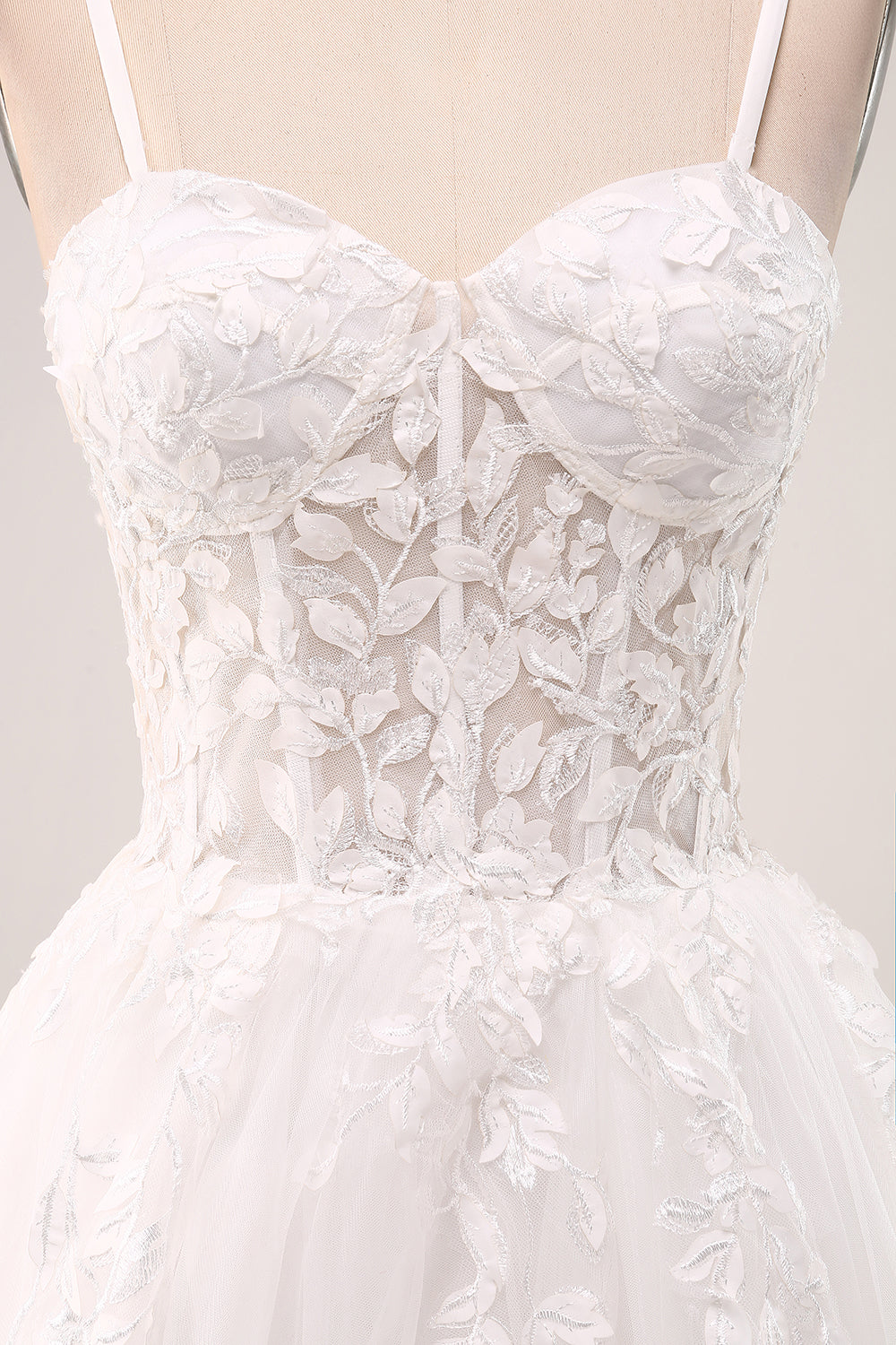 Ivory A-Line Spaghetti stropper Korsett Lace Tylle Long Wedding Dress