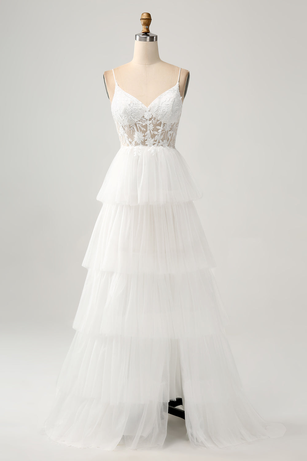 Ivory A-Line Tulle lagdelt korsett Lang brudekjole med spalte
