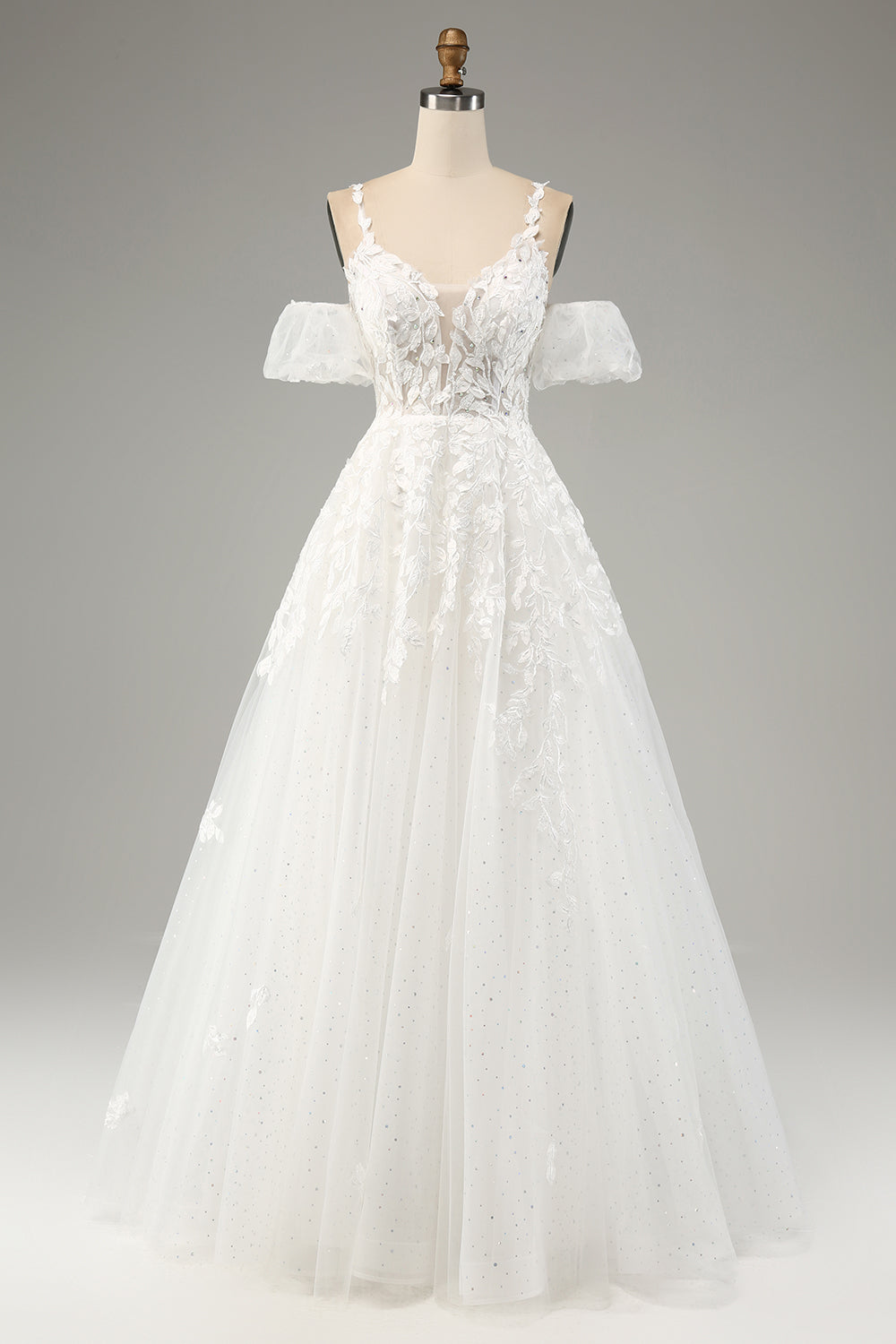 Ivory A-Line Tylle Spaghetti stropper brudekjole med Appliques