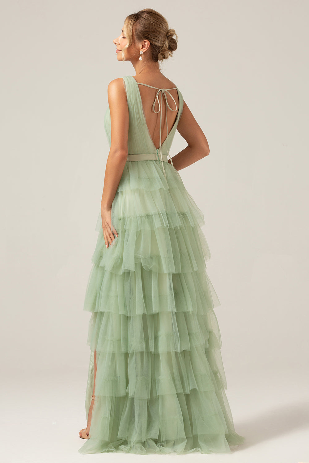 Grønn lagdelt A Line V-Neck Tylle Long Prom Dress med Slit