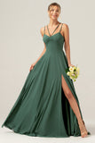 A-Line Spaghetti stropper Backless plissert eukalyptus brudepike kjole