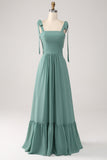En linje Chiffon Green Long brudepike kjole med plissert